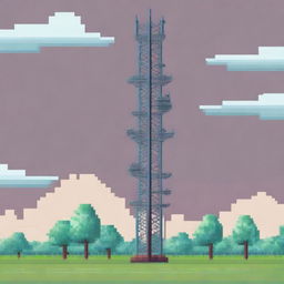 A side view of a cell tower depicted in pixel art style