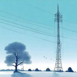 A detailed illustration of a tall radio tower with antennas and satellite dishes, set against a clear blue sky