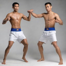 Render an image comparing a traditional Thai martial arts stance with a contemporary Muay Thai stance, distinctively emphasizing the traditional clothing vs modern sportswear, and different body positions.