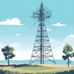 A detailed illustration of a tall radio tower with antennas and satellite dishes, set against a clear blue sky