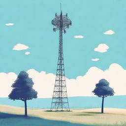 A detailed illustration of a tall radio tower with antennas and satellite dishes, set against a clear blue sky