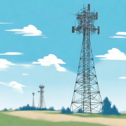 A detailed illustration of a tall radio tower with antennas and satellite dishes, set against a clear blue sky