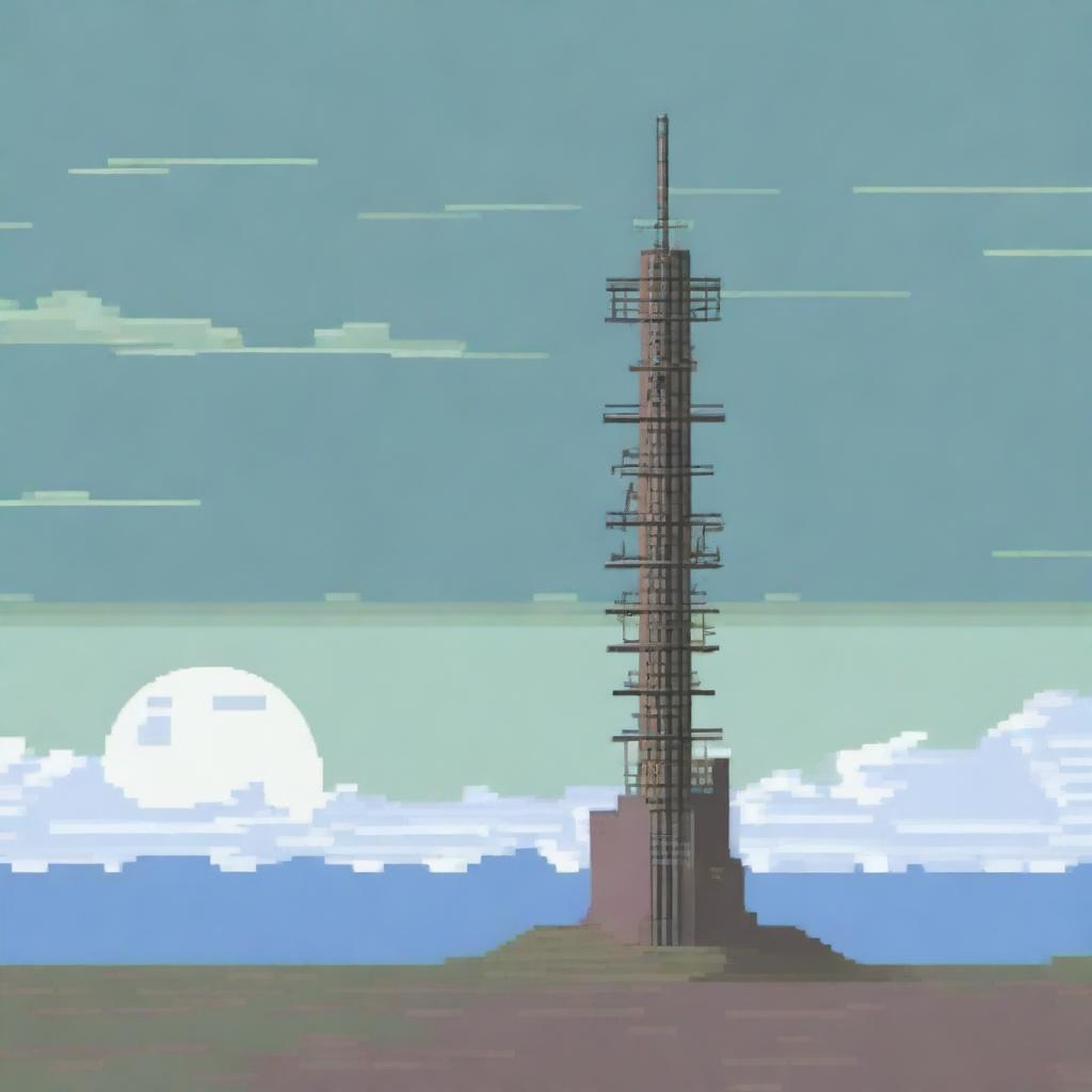 A pixel art depiction of an old radio tower viewed from the side