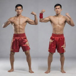 Render an image comparing a traditional Thai martial arts stance with a contemporary Muay Thai stance, distinctively emphasizing the traditional clothing vs modern sportswear, and different body positions.