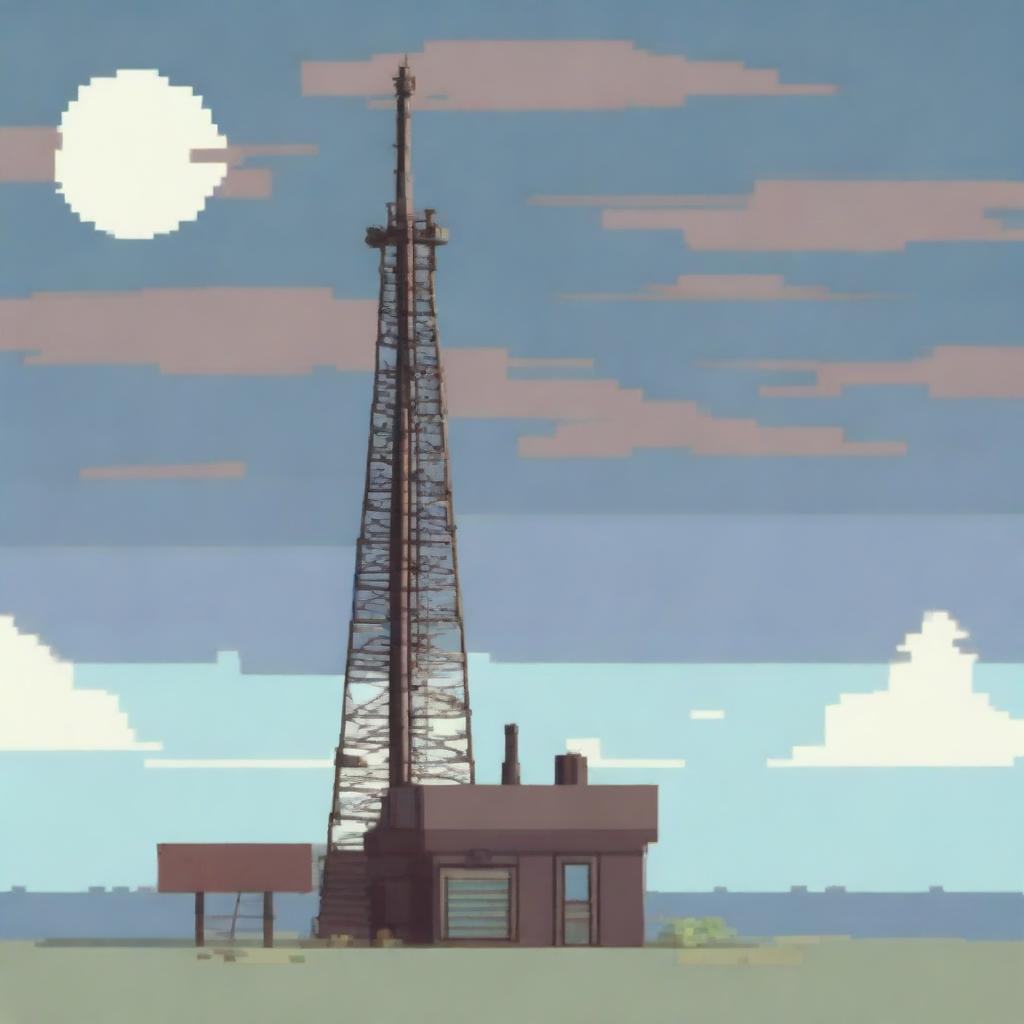 A pixel art depiction of an old radio tower viewed from the side