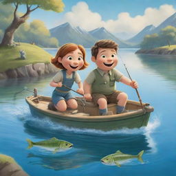 A joyful scene showcasing cartoon characters Finn and Fiona, happily engaged in fishing from their boat on a sunny day.