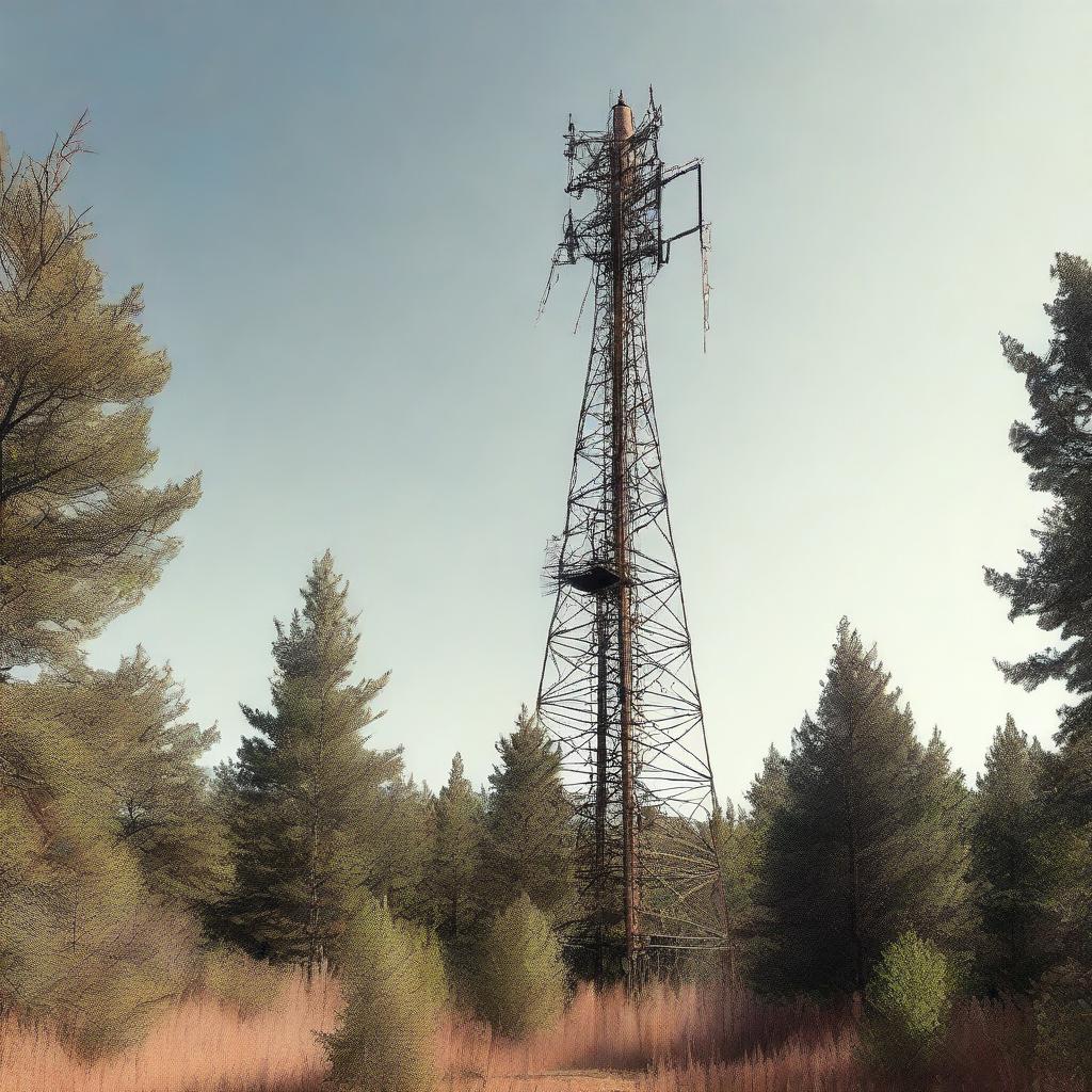 A side view of an old cell tower with moderate detailing, situated in the middle of a forest