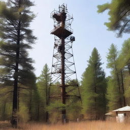 A side view of an old cell tower with moderate detailing, situated in the middle of a forest