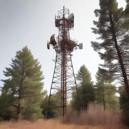 A side view of an old cell tower with moderate detailing, situated in the middle of a forest