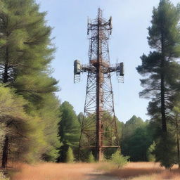 A side view of an old cell tower with moderate detailing, situated in the middle of a forest