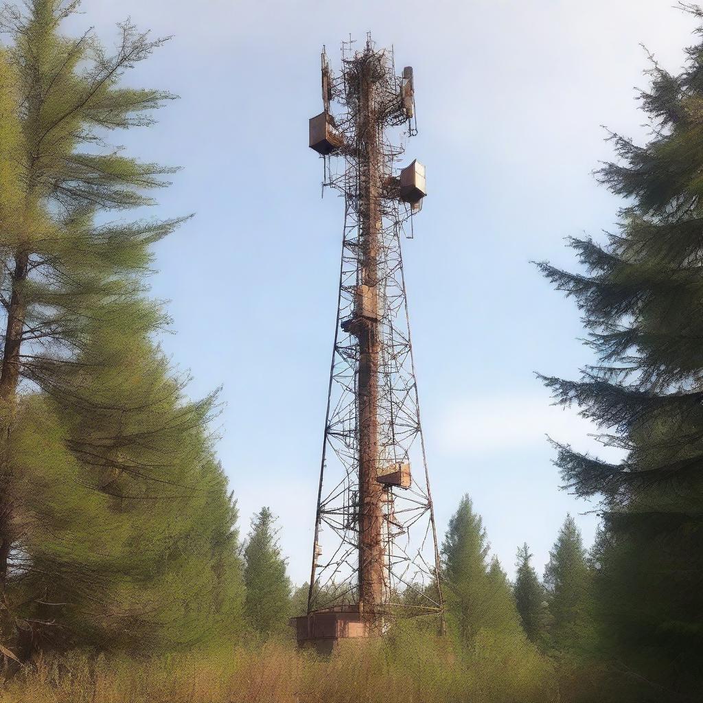 A side view of an old cell tower with moderate detailing, situated in the middle of a forest