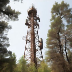 A side view of an old cell tower with moderate detailing, situated in the middle of a forest