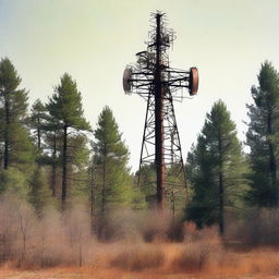 A side view of an old cell tower with moderate detailing, situated in the middle of a forest