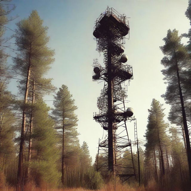 A side view of an old cell tower with moderate detailing, situated in the middle of a forest