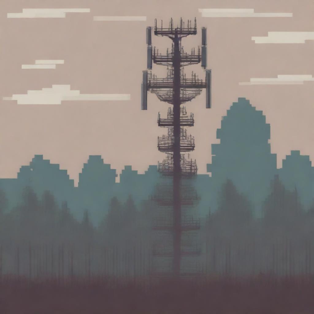 A side view of an old cell tower with moderate detailing, depicted in pixel art style