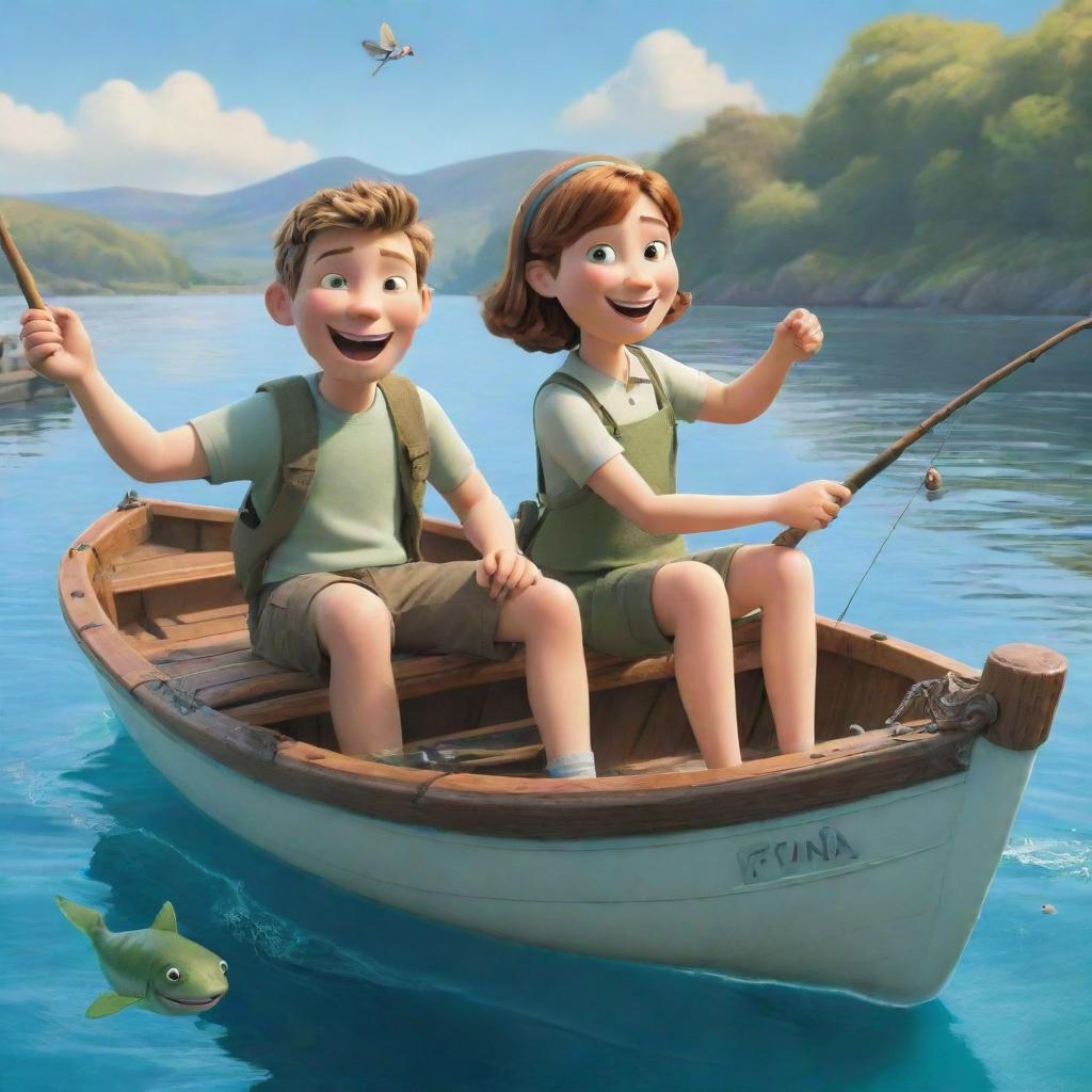 A joyful scene showcasing cartoon characters Finn and Fiona, happily engaged in fishing from their boat on a sunny day.