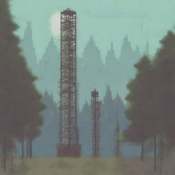 A side view of an old cell tower with moderate detailing, depicted in pixel art style