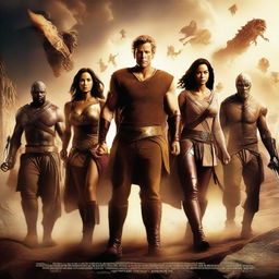 Create a captivating movie poster featuring an epic adventure scene with a diverse group of heroes