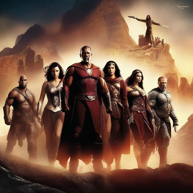 Create a captivating movie poster featuring an epic adventure scene with a diverse group of heroes