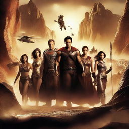 Create a captivating movie poster featuring an epic adventure scene with a diverse group of heroes