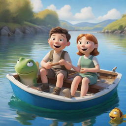 A joyful scene showcasing cartoon characters Finn and Fiona, happily engaged in fishing from their boat on a sunny day.