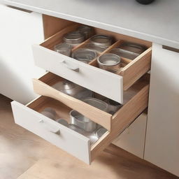 A kitchen cabinet with compartments and drawers, measuring 1