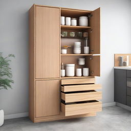 A kitchen cabinet with compartments and drawers, measuring 1