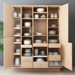 A kitchen cabinet with compartments and drawers, measuring 1