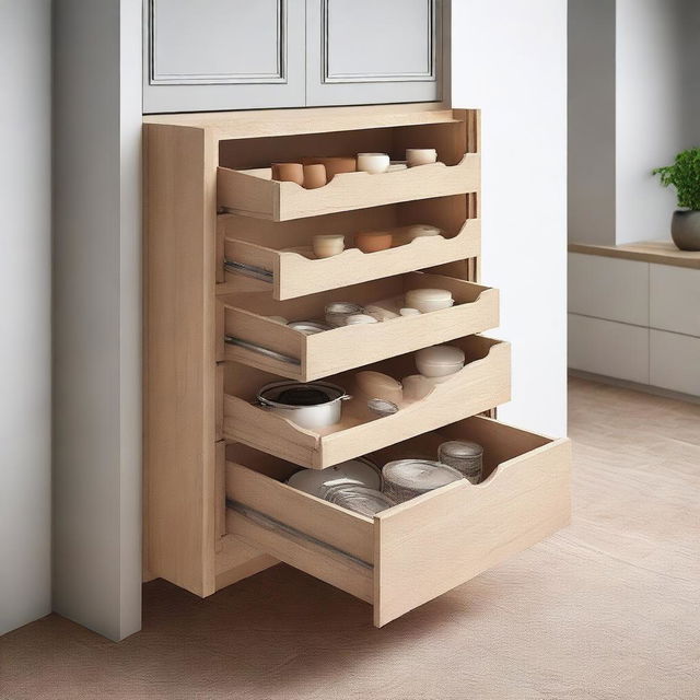 A kitchen cabinet with compartments and drawers, measuring 1