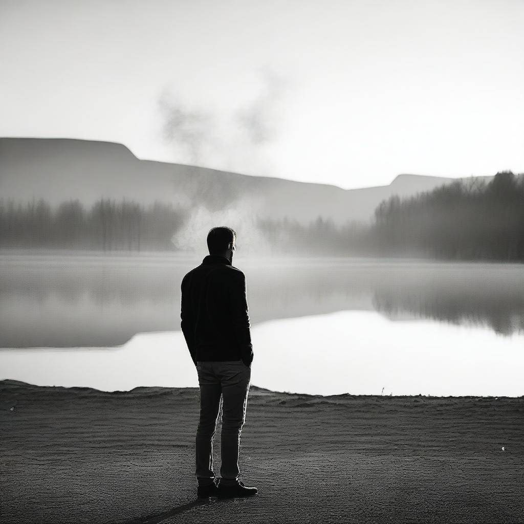 A man smoking a cigarette in the middle of a quiet, serene landscape