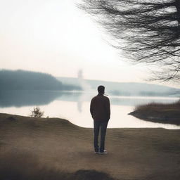 A man smoking a cigarette in the middle of a quiet, serene landscape