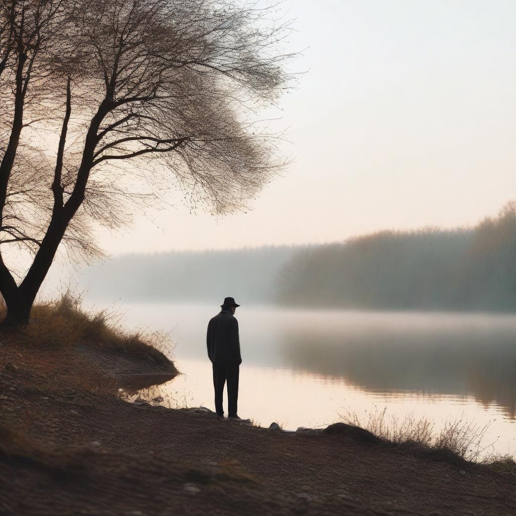 A man smoking a cigarette in the middle of a quiet, serene landscape