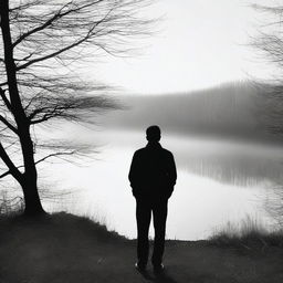 A man smoking a cigarette in the middle of a quiet, serene landscape