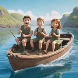 A joyful scene showcasing cartoon characters Finn and Fiona, happily engaged in fishing from their boat on a sunny day.