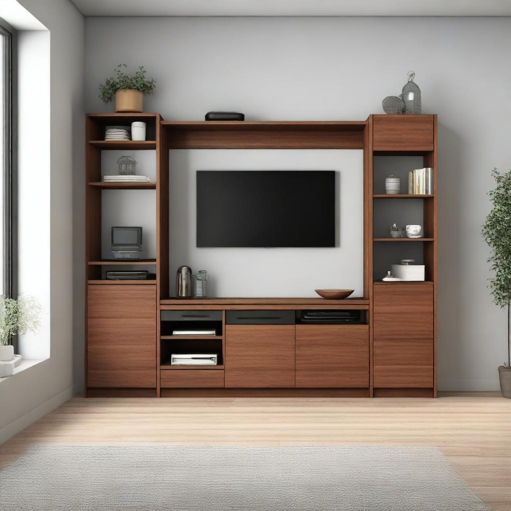 A walnut-colored kitchen cabinet with drawers, shelves, and a space for a television