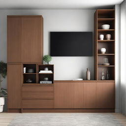 A walnut-colored kitchen cabinet with drawers, shelves, and a space for a television