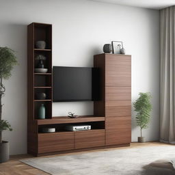 A walnut-colored kitchen cabinet with drawers, shelves, and a space for a television