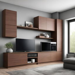 A walnut-colored kitchen cabinet with drawers, shelves, and a space for a television