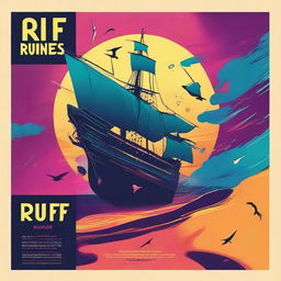 Create a minimalist movie poster for a solarpunk Kamigawa style anime movie titled "Riff Runners