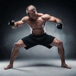 A skilled MMA fighter frozen in a dynamic and powerful stance, muscles coiled and ready for action.