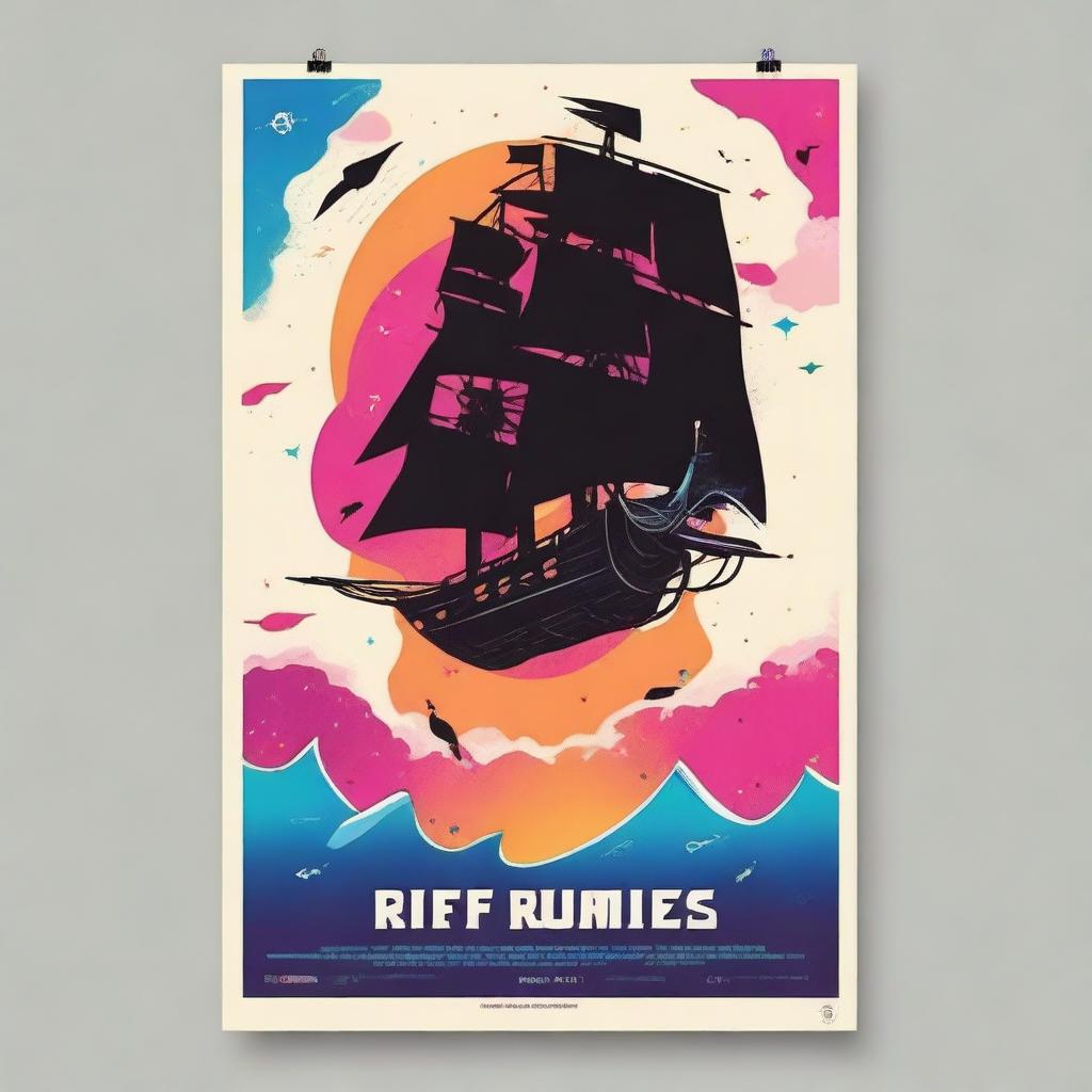 Design a minimalist movie poster for a solarpunk Kamigawa style anime movie titled 'Riff Runners