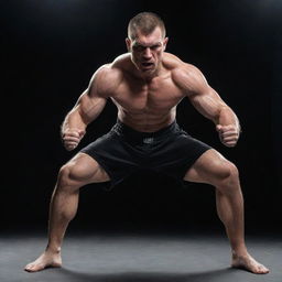 A skilled MMA fighter frozen in a dynamic and powerful stance, muscles coiled and ready for action.