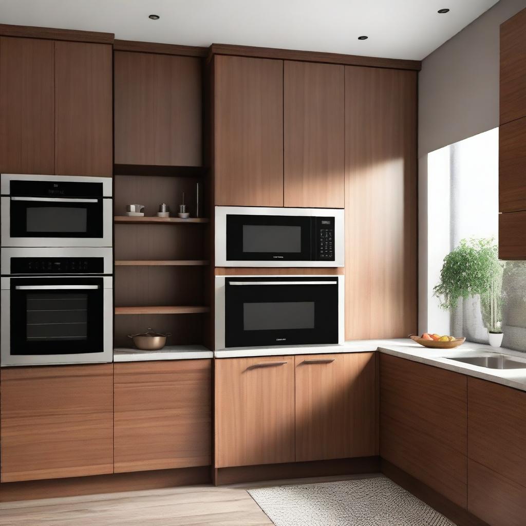 A walnut-colored kitchen cabinet with drawers, shelves, and a dedicated space for a microwave oven