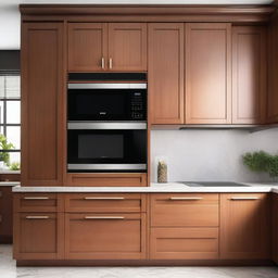 A walnut-colored kitchen cabinet with drawers, shelves, and a dedicated space for a microwave oven