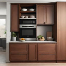 A walnut-colored kitchen cabinet with drawers, shelves, and a dedicated space for a microwave oven