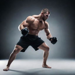 A skilled MMA fighter frozen in a dynamic and powerful stance, muscles coiled and ready for action.