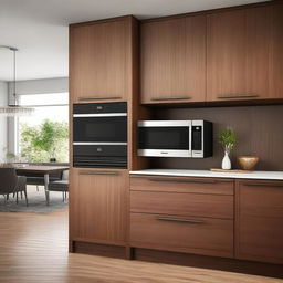 A walnut-colored kitchen cabinet with drawers, shelves, and a dedicated space for a microwave oven