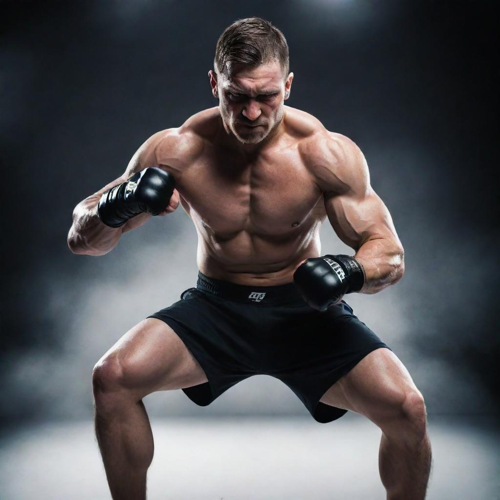 A skilled MMA fighter frozen in a dynamic and powerful stance, muscles coiled and ready for action.