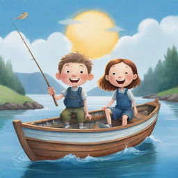 An easy-to-draw, charming cartoon illustration for a children's book portraying Finn and Fiona, in high spirits, fishing from their boat under a bright, sunny sky.