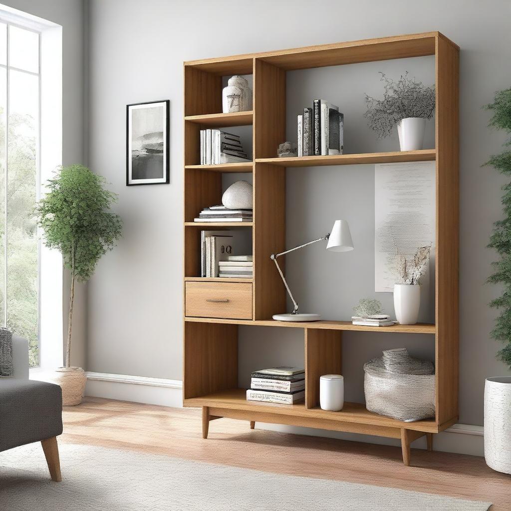 A multifunctional piece of furniture designed to divide a living room space and serve as a small study area